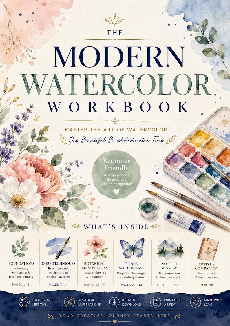 May include: The Modern Watercolor Workbook features a cream cover with floral illustrations, a watercolor paint set, and brushes. Text includes 'Master the Art of Watercolor', 'Beginner Friendly', and a breakdown of sections like Foundations and Core Techniques.