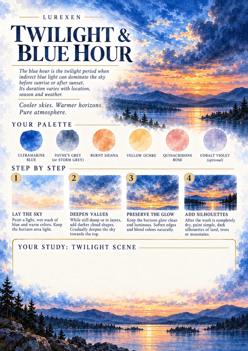 Op de afbeelding: Een instructieve aquarel schildergids getiteld LUREXEN TWILIGHT & BLUE HOUR. Het bevat een landschapsillustratie van een zonsondergang boven bergen en water, een kleurenpalet van zes verfcirkels en vier genummerde stappen voor het schilderen.