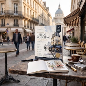 May include: A Lurexen The Ultimate Urban Sketching with Watercolor Workbook standing upright next to an open sketchbook featuring a watercolor illustration, a black pen, a metal tin, and a cup of coffee on a wooden table in an outdoor setting.