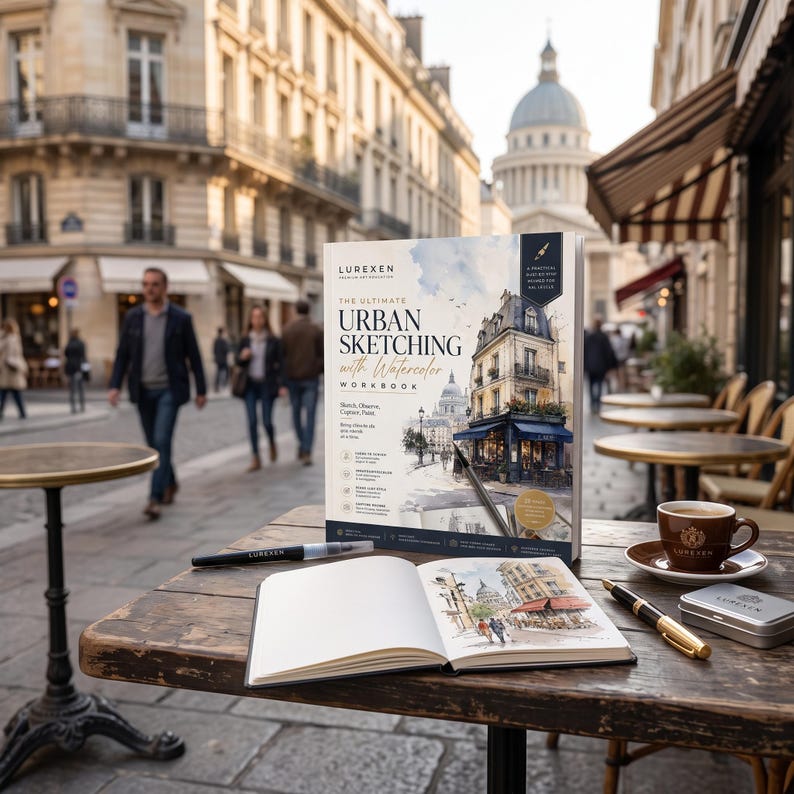May include: A Lurexen The Ultimate Urban Sketching with Watercolor Workbook standing upright next to an open sketchbook featuring a watercolor illustration, a black pen, a metal tin, and a cup of coffee on a wooden table in an outdoor setting.