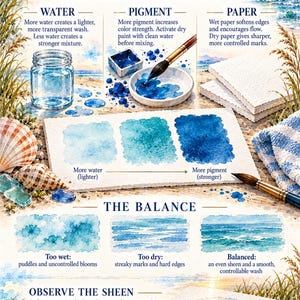 May include: An educational watercolour painting guide titled WATER PIGMENT PAPER featuring illustrations of a glass jar, paint palette, brushes, and paper swatches. The text explains how water, pigment, and paper interact to create coastal colour effects.