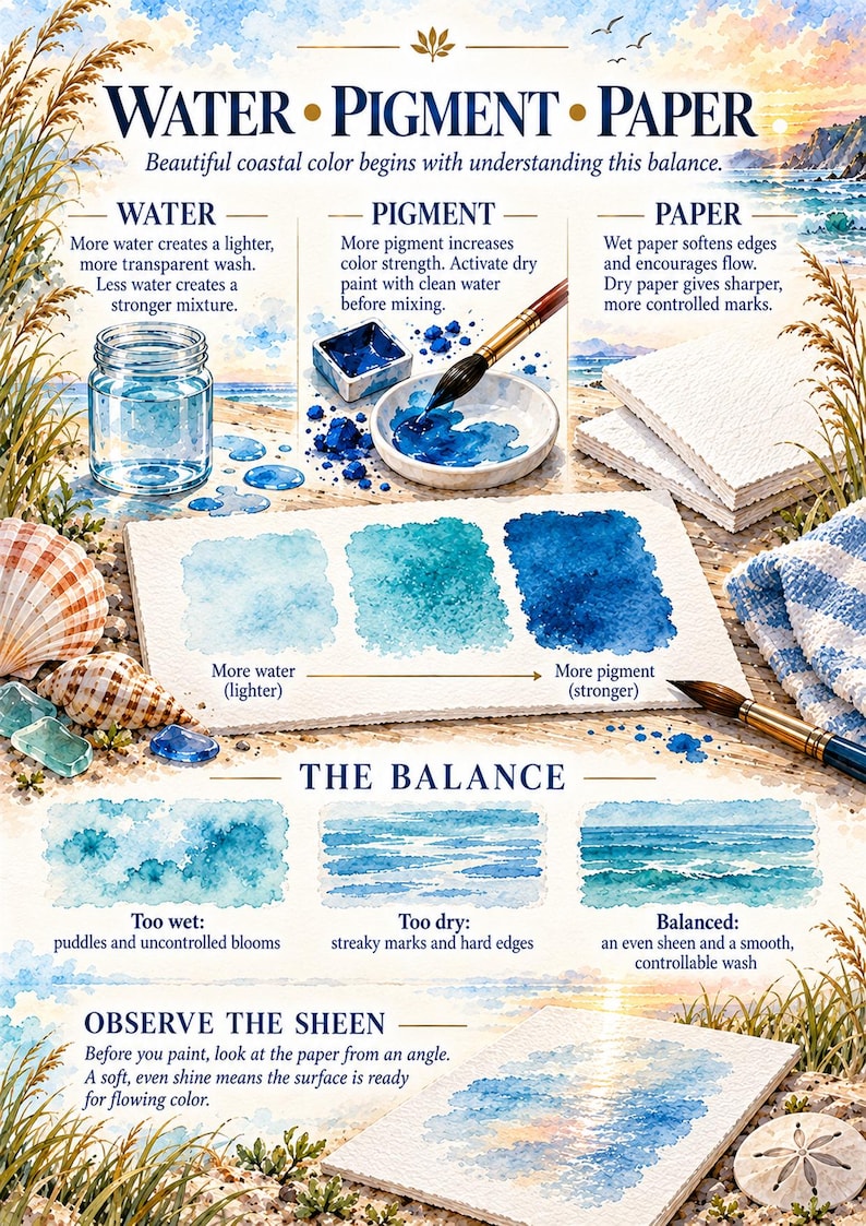 May include: An educational watercolour painting guide titled WATER PIGMENT PAPER featuring illustrations of a glass jar, paint palette, brushes, and paper swatches. The text explains how water, pigment, and paper interact to create coastal colour effects.
