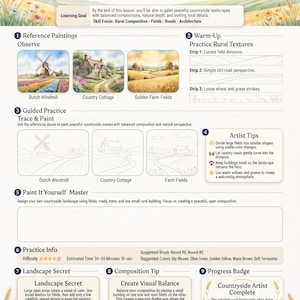 Op de afbeelding: Een educatief kunstwerkblad getiteld LUREXEN Paint European Countryside Landscapes. Het bevat secties voor referentietekeningen, opwarmoefeningen, begeleide praktijk, kunstenaarstips en een lege ruimte om te schilderen.