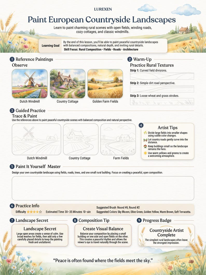 Op de afbeelding: Een educatief kunstwerkblad getiteld LUREXEN Paint European Countryside Landscapes. Het bevat secties voor referentietekeningen, opwarmoefeningen, begeleide praktijk, kunstenaarstips en een lege ruimte om te schilderen.