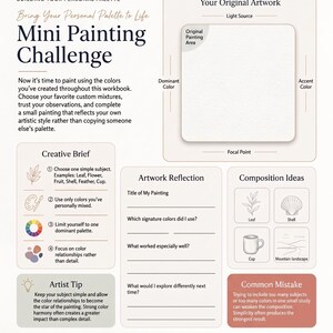 May include: A page from the Lurexen Art & Education watercolour workbook titled Mini Painting Challenge. It features sections for a creative brief, artwork reflection, composition ideas, and an artist tip, with a large blank square for painting.