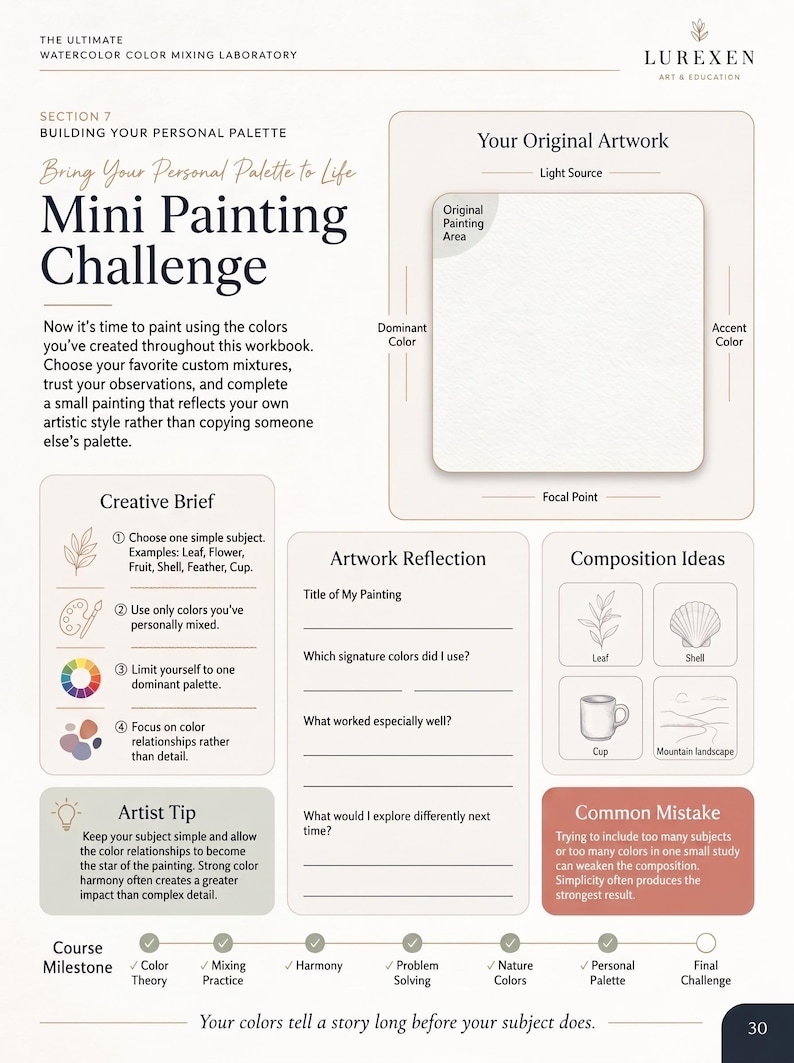 May include: A page from the Lurexen Art & Education watercolour workbook titled Mini Painting Challenge. It features sections for a creative brief, artwork reflection, composition ideas, and an artist tip, with a large blank square for painting.