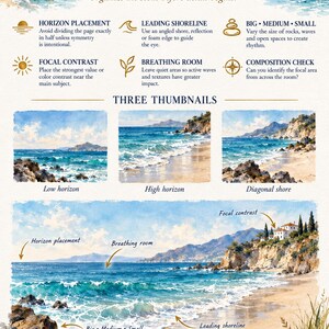 May include: An educational art guide titled Coastal Composition Fundamentals featuring watercolour illustrations of coastal scenes. It includes text instructions on horizon placement, leading shorelines, focal contrast, and composition techniques.