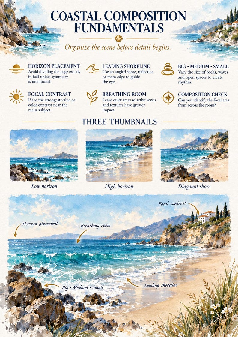 May include: An educational art guide titled Coastal Composition Fundamentals featuring watercolour illustrations of coastal scenes. It includes text instructions on horizon placement, leading shorelines, focal contrast, and composition techniques.