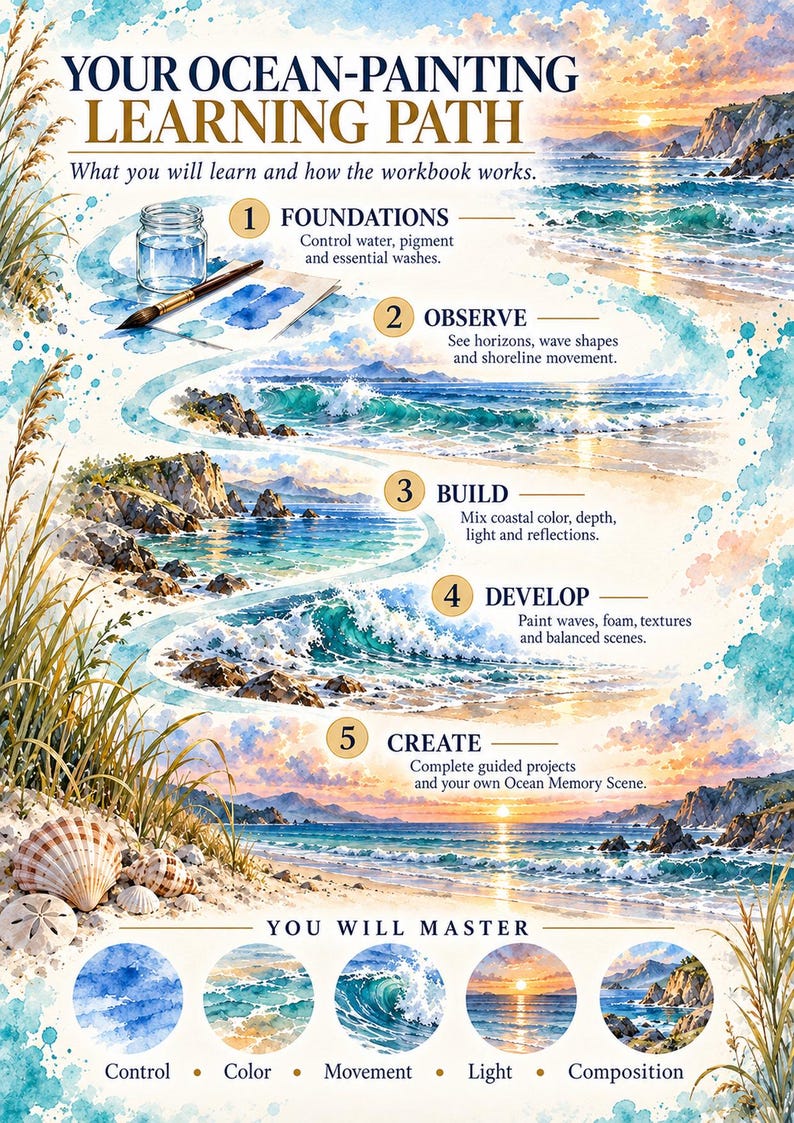 May include: An educational infographic titled YOUR OCEAN-PAINTING LEARNING PATH. It features a winding path through five stages: FOUNDATIONS, OBSERVE, BUILD, DEVELOP, and CREATE, illustrated with watercolour coastal scenes, seashells, and text.