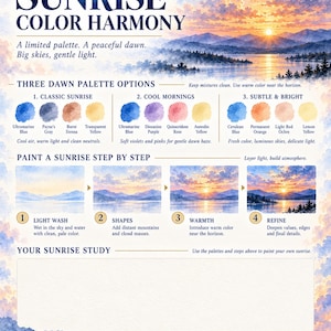 Op de afbeelding: Een instructieve kunstgids getiteld LUREXEN SUNRISE COLOR HARMONY met een landschapsschilderij van een zonsopgang boven bergen en water. Het bevat drie kleurenpaletten, een schilderhandleiding in vier stappen en een lege ruimte voor een studie.