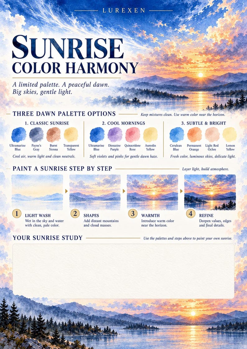 Op de afbeelding: Een instructieve kunstgids getiteld LUREXEN SUNRISE COLOR HARMONY met een landschapsschilderij van een zonsopgang boven bergen en water. Het bevat drie kleurenpaletten, een schilderhandleiding in vier stappen en een lege ruimte voor een studie.