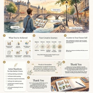 May include: An educational workbook titled The Ultimate Urban Sketching with Watercolor Workbook by LUREXEN. It features a large illustration of a person sketching by a canal, sections for creative progress, an artist manifesto, and thank you notes.