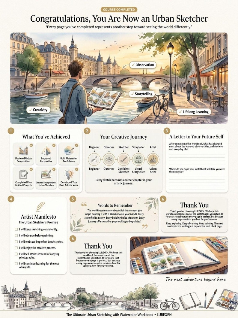 May include: An educational workbook titled The Ultimate Urban Sketching with Watercolor Workbook by LUREXEN. It features a large illustration of a person sketching by a canal, sections for creative progress, an artist manifesto, and thank you notes.