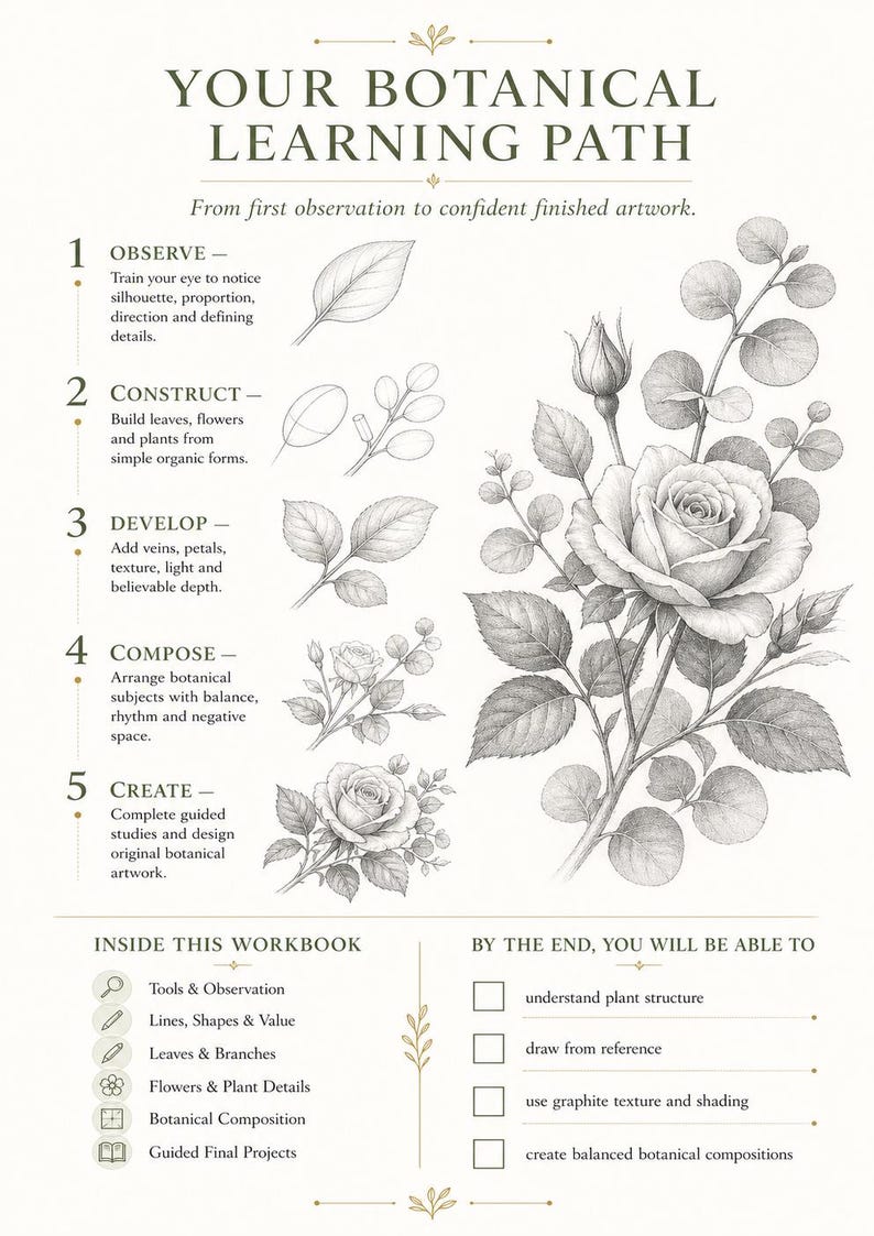 May include: A botanical drawing workbook page titled YOUR BOTANICAL LEARNING PATH. It features a five-step guide to drawing roses, including observe, construct, develop, compose, and create. The page includes a detailed graphite rose illustration.