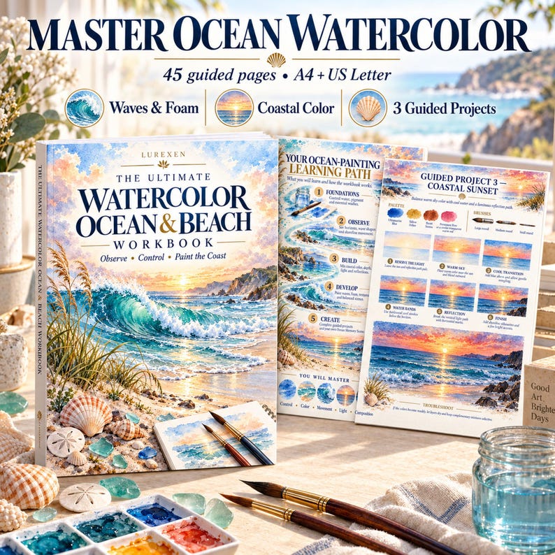 May include: A watercolour workbook titled The Ultimate Watercolor Ocean & Beach Workbook with 45 guided pages in A4 and US Letter sizes. It includes three guided projects, painting instructions, and a palette guide for painting coastal scenes.