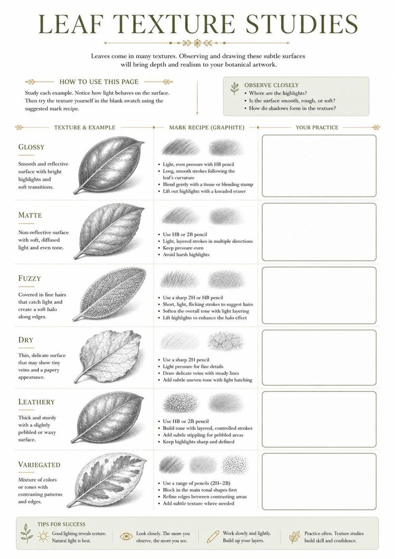 May include: An educational worksheet titled LEAF TEXTURE STUDIES featuring six graphite leaf illustrations demonstrating glossy, matte, fuzzy, dry, leathery, and variegated textures. It includes instructional text, mark recipes, and blank practice boxes.