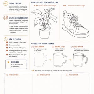 Puede incluir: Una hoja de ejercicios de dibujo de 30 d&iacute;as titulada Day 4: Contour Drawing. Incluye instrucciones sobre dibujo de l&iacute;nea continua, ejemplos de una planta y un zapato, un ejercicio guiado de una taza en tres pasos y espacios en blanco.