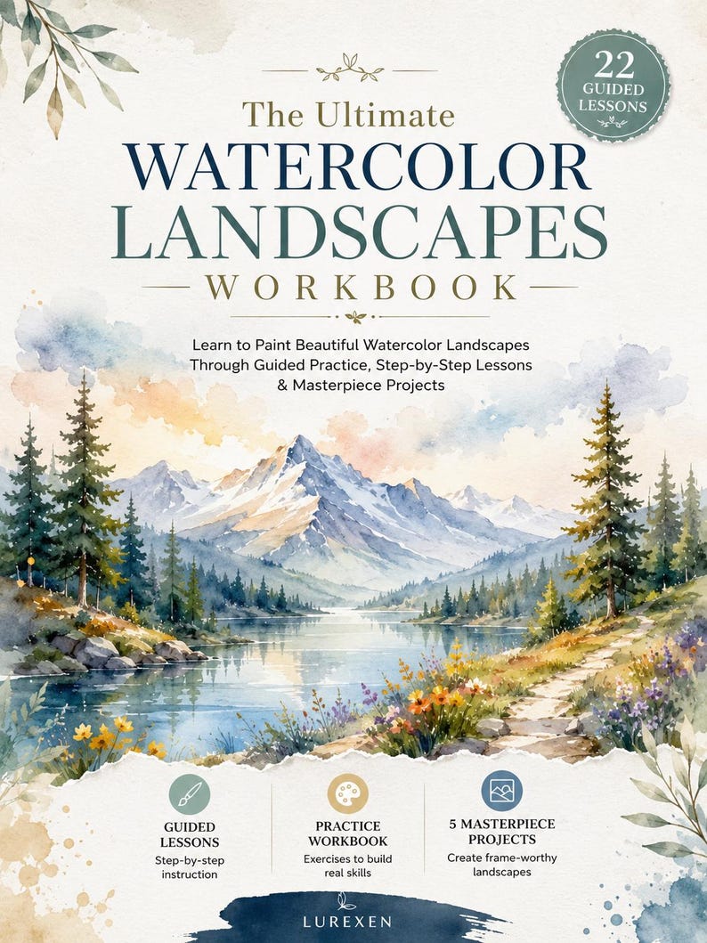 Op de afbeelding: Het boek The Ultimate WATERCOLOR LANDSCAPES WORKBOOK toont een bergmeer met dennenbomen en wilde bloemen. De kaft bevat tekst over 22 begeleide lessen, stapsgewijze instructies, oefeningen en 5 meesterwerkprojecten van LUREXEN.