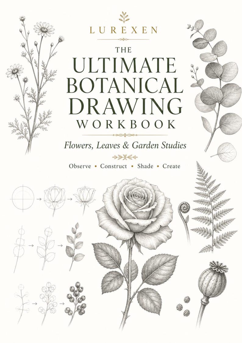 May include: A workbook titled LUREXEN THE ULTIMATE BOTANICAL DRAWING WORKBOOK Flowers, Leaves & Garden Studies Observe Construct Shade Create. The cover features detailed black and white pencil illustrations of a rose, fern, and various plants.