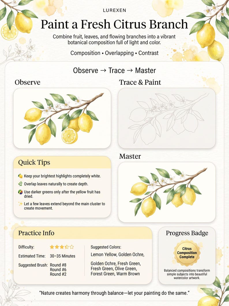 以下が含まれることがあります： LUREXENによるPaint a Fresh Citrus Branchというタイトルの指導ガイド。黄色いレモンと緑の葉の水彩画が描かれており、Observe、Trace & Paint、Master、Quick Tips、Practice Infoのセクションが含まれています。