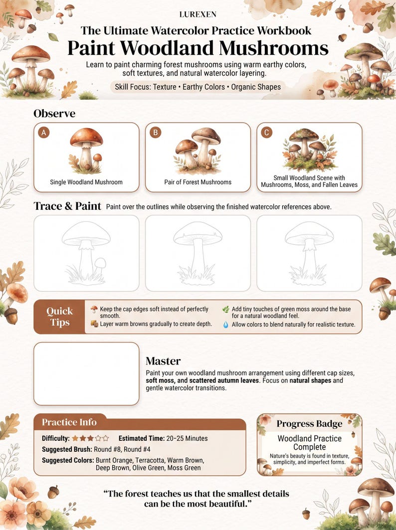 以下が含まれることがあります： LUREXENの水彩練習ワークブック「Paint Woodland Mushrooms」。ページには、キノコの観察、トレース、ペイントのための指導セクションがあり、クイックヒント、練習情報、進捗バッジのセクションが含まれています。