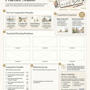 May include: An educational Composition Practice Studio worksheet featuring sections on composition principles, a thumbnail planning grid, a composition checklist, a reflection journal, and a master challenge for urban sketching with watercolor.