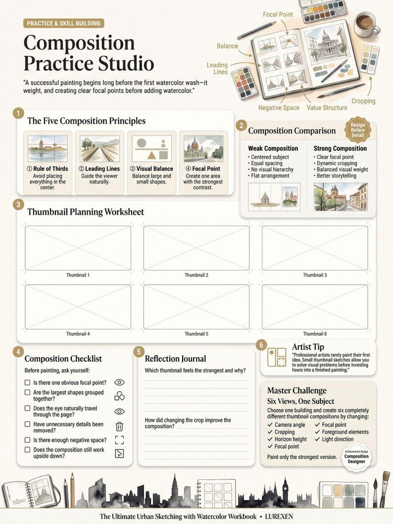 May include: An educational Composition Practice Studio worksheet featuring sections on composition principles, a thumbnail planning grid, a composition checklist, a reflection journal, and a master challenge for urban sketching with watercolor.