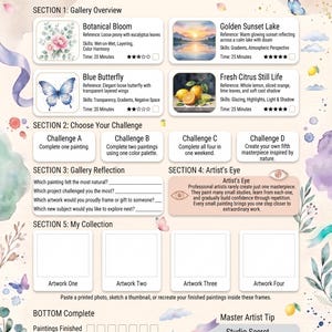 May include: A page titled Mini Watercolor Masterpieces featuring sections for gallery overview, challenges, reflection, and collection. It includes small watercolor illustrations of flowers, a sunset lake, a butterfly, and citrus fruit with text.