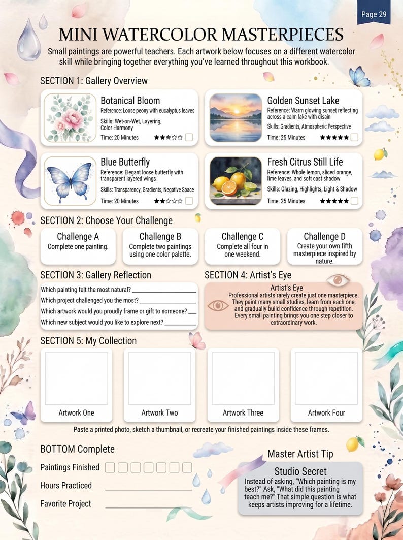 May include: A page titled Mini Watercolor Masterpieces featuring sections for gallery overview, challenges, reflection, and collection. It includes small watercolor illustrations of flowers, a sunset lake, a butterfly, and citrus fruit with text.