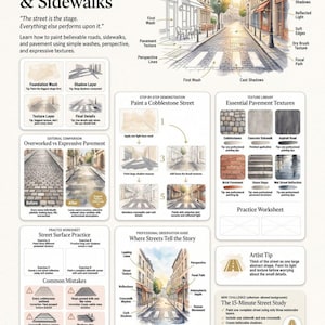 May include: An instructional watercolor workbook page titled Painting Streets & Sidewalks. It features diagrams, step-by-step painting demonstrations, texture libraries, and practice worksheets for urban sketching, all presented in a clean layout.