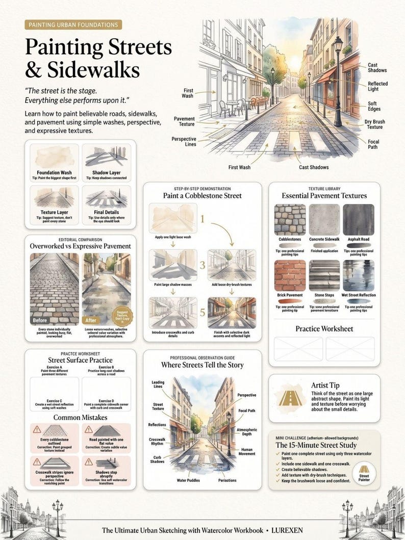 May include: An instructional watercolor workbook page titled Painting Streets & Sidewalks. It features diagrams, step-by-step painting demonstrations, texture libraries, and practice worksheets for urban sketching, all presented in a clean layout.