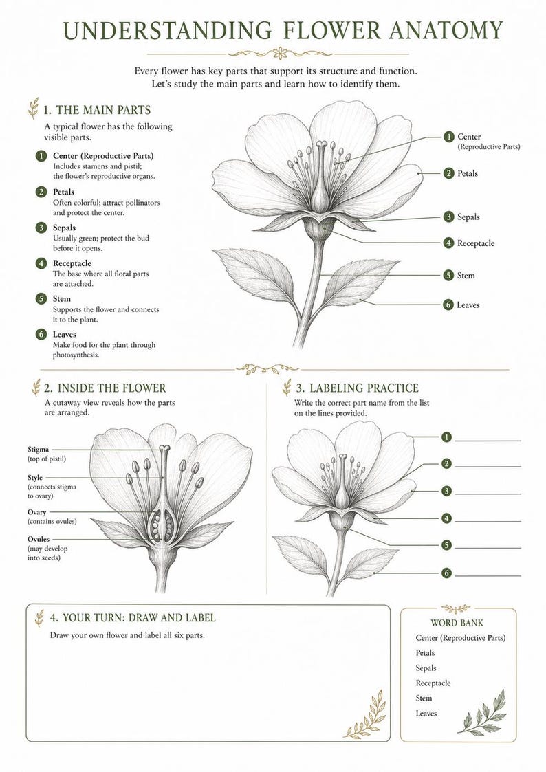 May include: An educational poster titled UNDERSTANDING FLOWER ANATOMY featuring black and white botanical illustrations. It includes diagrams of flower parts, a cutaway view, a labeling practice section, and a word bank for educational study.