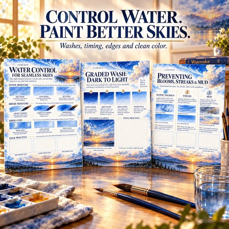 Op de afbeelding: Drie instructieve aquarelschildergidsen getiteld Control Water, Paint Better Skies, Graded Wash: Dark to Light en Preventing Blooms, Streaks & Mud. De gidsen bevatten blauwe luchtillustraties, tekst en diagrammen op een houten tafel.