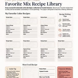 May include: A page titled The Ultimate Watercolor Color Mixing Laboratory, Favorite Mix Recipe Library. It features sections for recording pigment names, ratios, and notes, alongside tips for writing recipes, artist advice, and common mistakes.