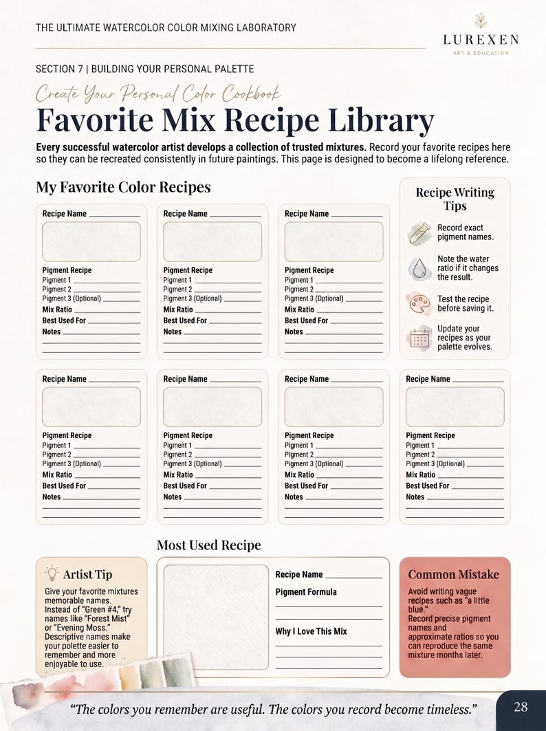May include: A page titled The Ultimate Watercolor Color Mixing Laboratory, Favorite Mix Recipe Library. It features sections for recording pigment names, ratios, and notes, alongside tips for writing recipes, artist advice, and common mistakes.