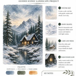 May include: A Lurexen Snowy Wilderness Cabin guided landscape painting project sheet. It features a watercolor illustration of a snow-covered cabin by a stream, four step-by-step painting instructions, a color palette, and an artist tip section.