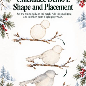 May include: A watercolor instructional guide titled Chickadee Demo I: Shape and Placement, showing three steps to draw a bird on a snowy branch. The page features pine branches, red berries, and a finished chickadee illustration in the corner.