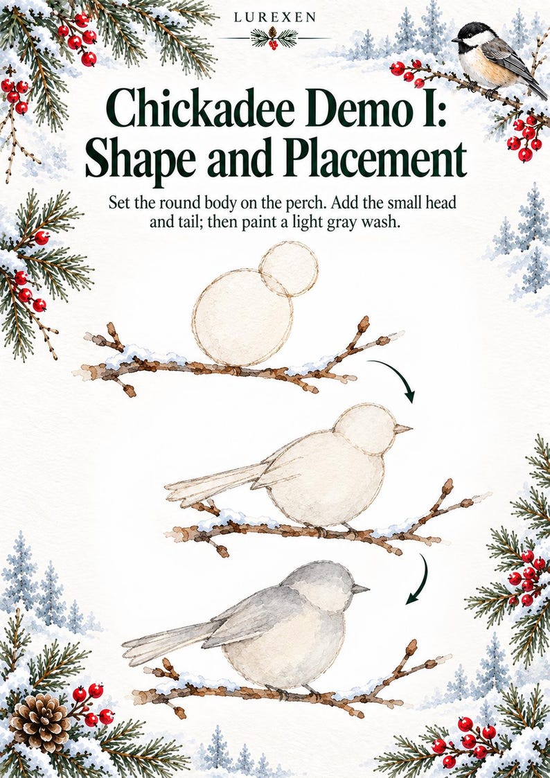 May include: A watercolor instructional guide titled Chickadee Demo I: Shape and Placement, showing three steps to draw a bird on a snowy branch. The page features pine branches, red berries, and a finished chickadee illustration in the corner.
