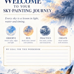 Op de afbeelding: Een Lurexen-werkboekpagina getiteld Welcome to your sky-painting journey met aquarelillustraties van wolken en een zonsonderganglandschap. Het bevat vier genummerde stappen voor het schilderen, een sectie voor doelen en een penseel in de hoek.