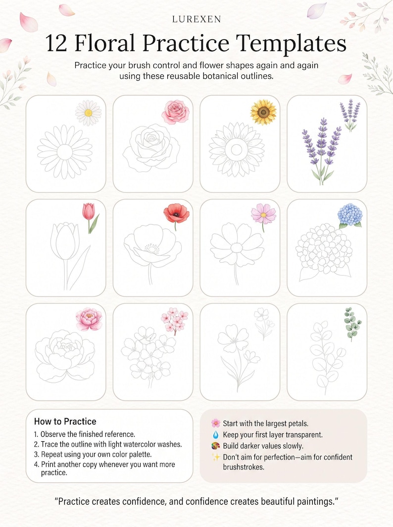 以下が含まれることがあります： 水彩画用の植物の輪郭線が描かれた12種類のフラワー練習用テンプレートセット。各ボックスには花の線画とカラーの参考画像が含まれており、デイジー、バラ、ヒマワリ、ラベンダー、チューリップ、ポピー、コスモス、アジサイ、ピオニー、桜、ユーカリなどが描かれています。