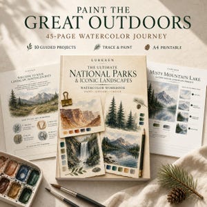 May include: A 45-page watercolour workbook titled The Ultimate National Parks & Iconic Landscapes by Lurexen. The set includes guided projects, trace and paint pages, and A4 printable sheets, accompanied by a watercolour paint set and two brushes.