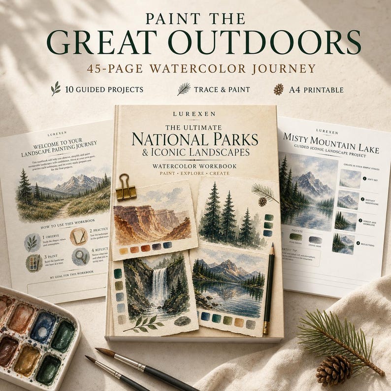 May include: A 45-page watercolor workbook titled The Ultimate National Parks & Iconic Landscapes by Lurexen. The set includes guided projects, trace and paint pages, and A4 printable sheets, accompanied by a watercolor paint set and two brushes.