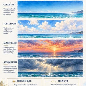 May include: An instructional art guide titled ATMOSPHERIC SKIES & CLOUDS featuring four watercolour paintings of ocean scenes. It includes text instructions for painting clear skies, soft clouds, sunset glow, and storm light, plus horizon and timing tips.