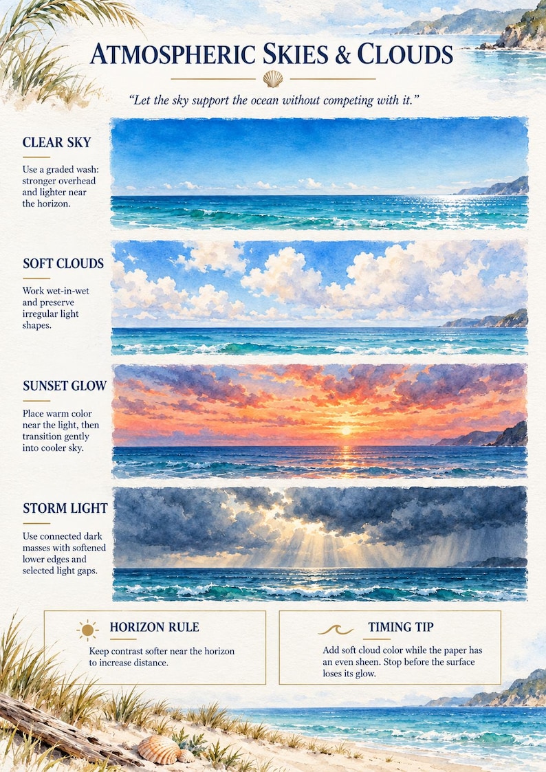 May include: An instructional art guide titled ATMOSPHERIC SKIES & CLOUDS featuring four watercolour paintings of ocean scenes. It includes text instructions for painting clear skies, soft clouds, sunset glow, and storm light, plus horizon and timing tips.