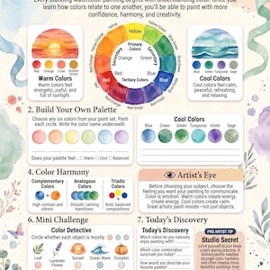 May include: An educational page titled Color Theory Made Beautiful featuring a color wheel, warm and cool color examples, palette building exercises, color harmony definitions, a mini challenge, and an artist's eye section with watercolor illustrations.