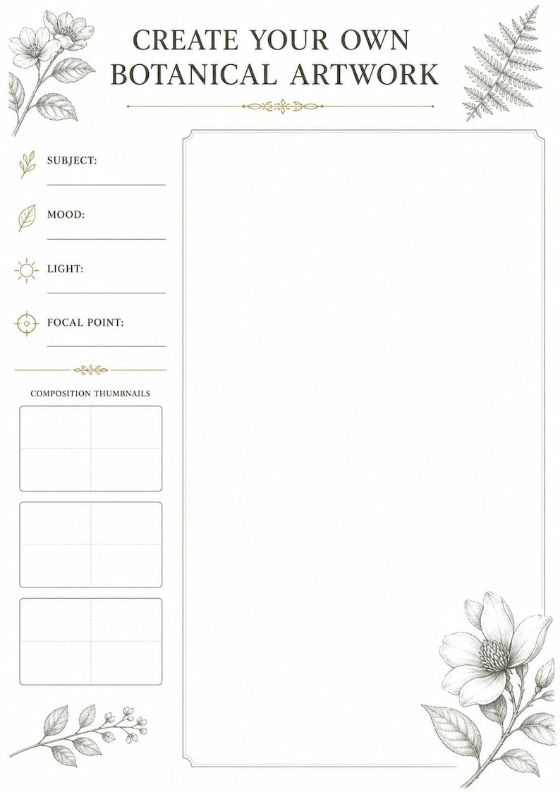 May include: A white planning sheet titled CREATE YOUR OWN BOTANICAL ARTWORK with black ink illustrations of flowers and leaves. It includes sections for subject, mood, light, focal point, and three composition thumbnail boxes with lines.