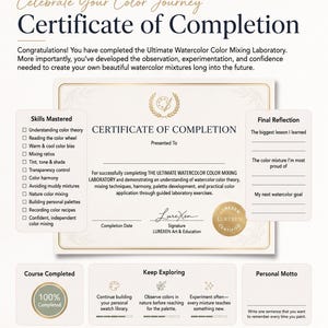 May include: A Certificate of Completion for the Ultimate Watercolor Color Mixing Laboratory by Lurexen Art & Education. The document features sections for Skills Mastered, Final Reflection, and a gold seal, with text detailing course achievements.