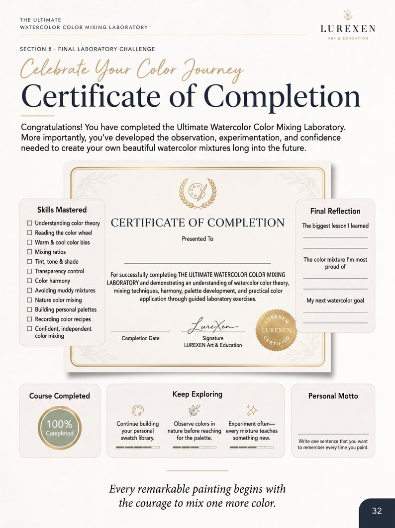 May include: A Certificate of Completion for the Ultimate Watercolor Color Mixing Laboratory by Lurexen Art & Education. The document features sections for Skills Mastered, Final Reflection, and a gold seal, with text detailing course achievements.