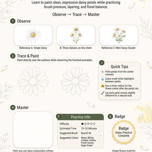 以下が含まれることがあります： LUREXENによる「Paint Simple Daisies」と題された指導ページ。観察、トレース＆ペイント、マスターのセクションがあり、デイジーのイラスト、ペイントのヒント、練習情報、および「Daisy Practice Complete」バッジのグラフィックが含まれています。