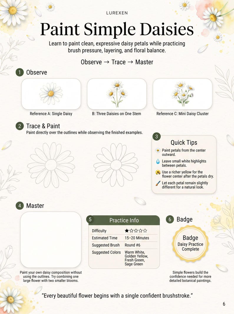 以下が含まれることがあります： LUREXENによる「Paint Simple Daisies」と題された指導ページ。観察、トレース＆ペイント、マスターのセクションがあり、デイジーのイラスト、ペイントのヒント、練習情報、および「Daisy Practice Complete」バッジのグラフィックが含まれています。